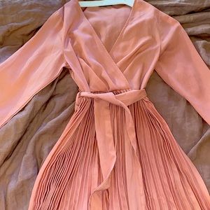 PrettyLittleThing long sleeved pleated pink maxi dress. Size 10.